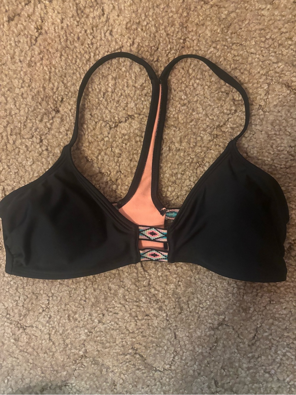 Xhilaration Black Sports Bra with Peach Racerback and Aztec Accent